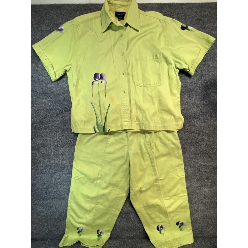 VTG 80s 90s Las Olas Hand-Painted Iris 2-Piece Shirt & Shorts Set M Flawed